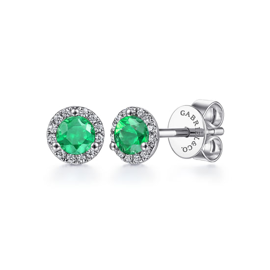 Gabriel - 14K White Gold Diamond and Emerald Halo Stud Earrings