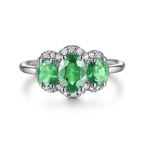 14K White Gold Diamond and Emerald Oval Halo Ring