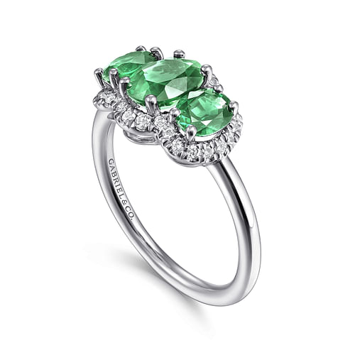 14K White Gold Diamond and Emerald Oval Halo Ring