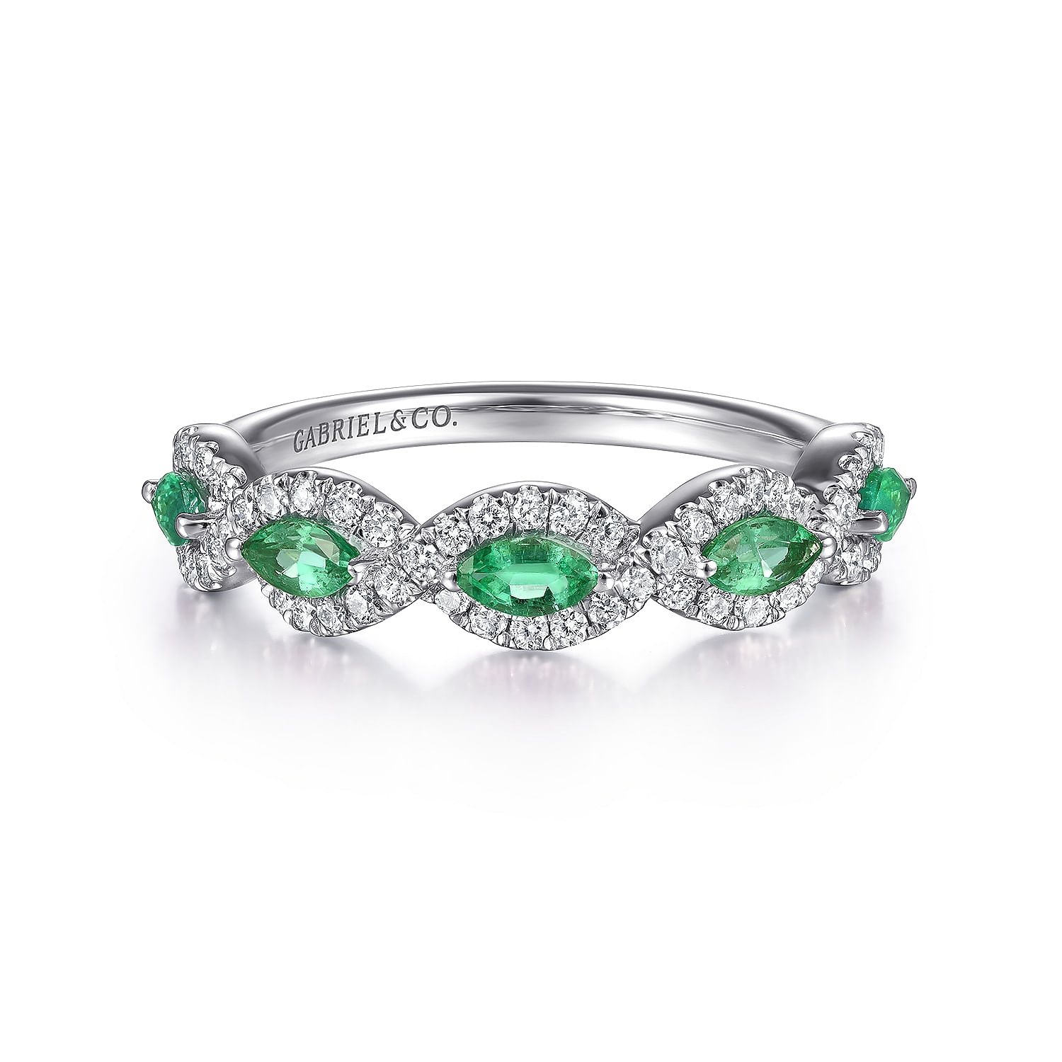 14K White Gold Diamond and Emerald Twisted Ring