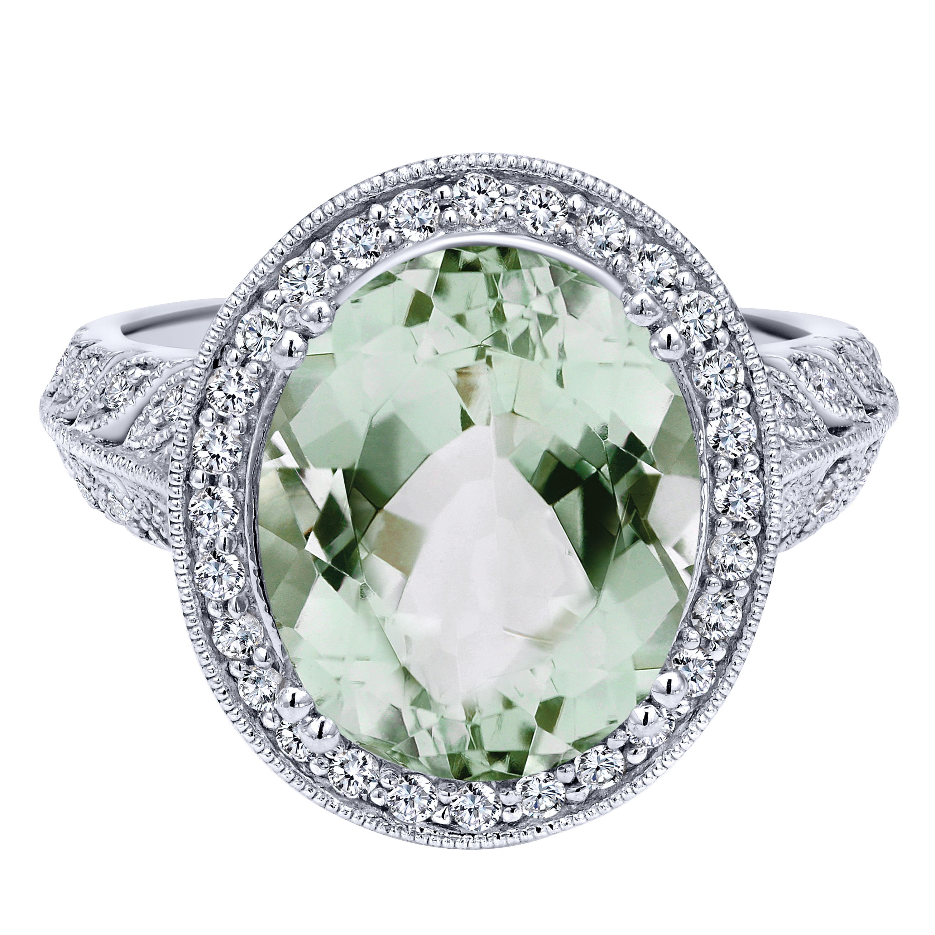 14K White Gold Diamond and Green Amethyst Fashion Ladies Ring
