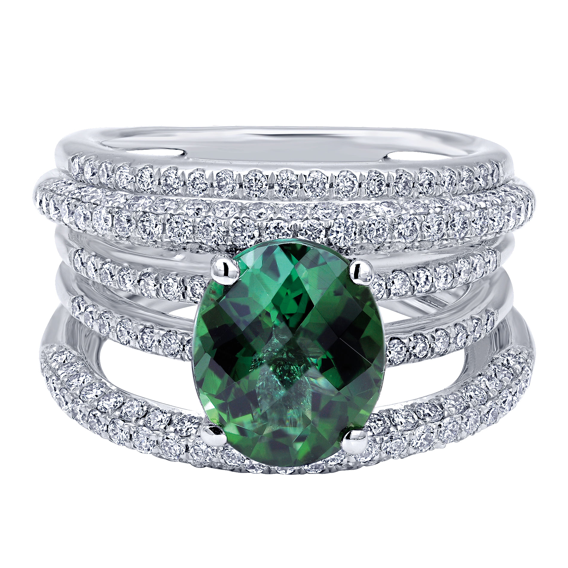 14K White Gold Diamond and Green Tourmaline Fashion Ladies Ring