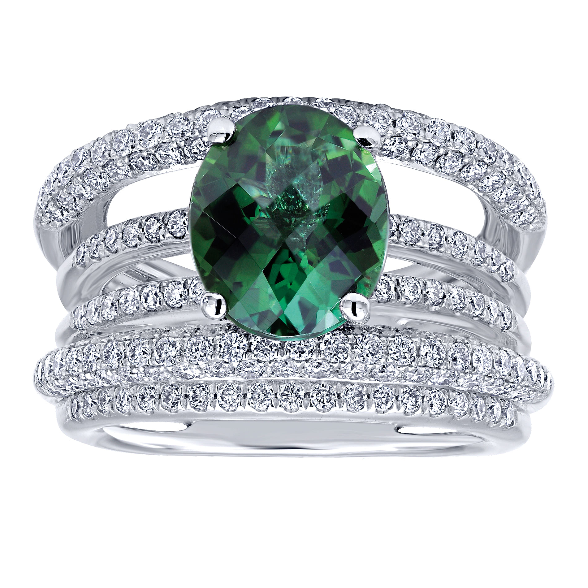 14K White Gold Diamond and Green Tourmaline Fashion Ladies Ring