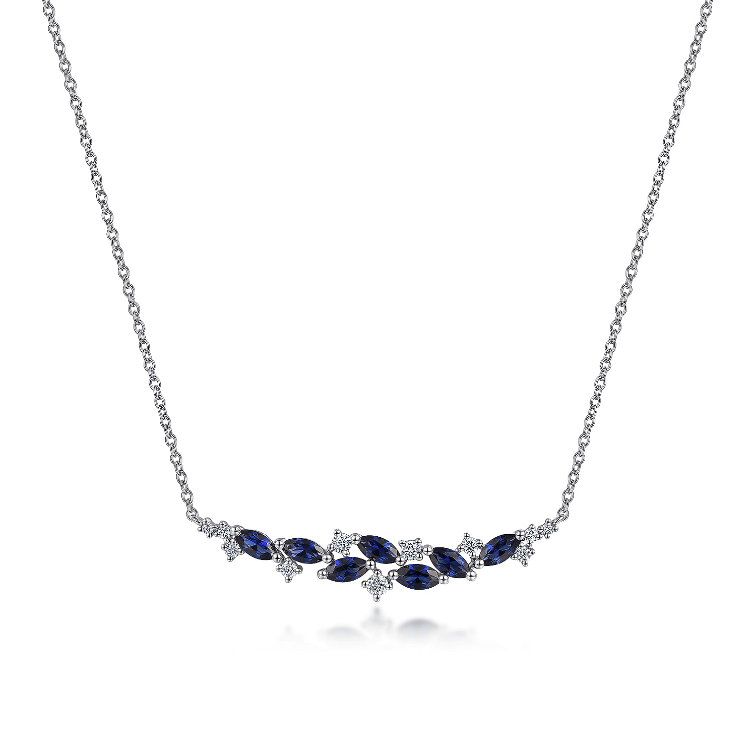 14K White Gold Diamond and Marquise Blue Sapphire Bar Necklace