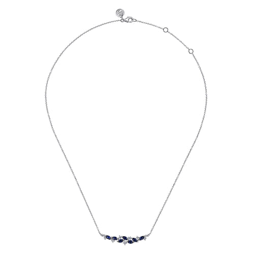 14K White Gold Diamond and Marquise Blue Sapphire Bar Necklace