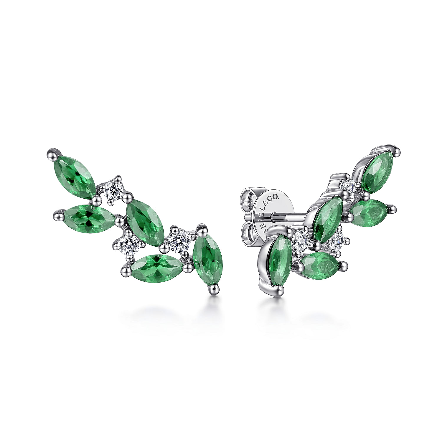 14K White Gold Diamond and Marquise Emerald Ear Climber Earrings