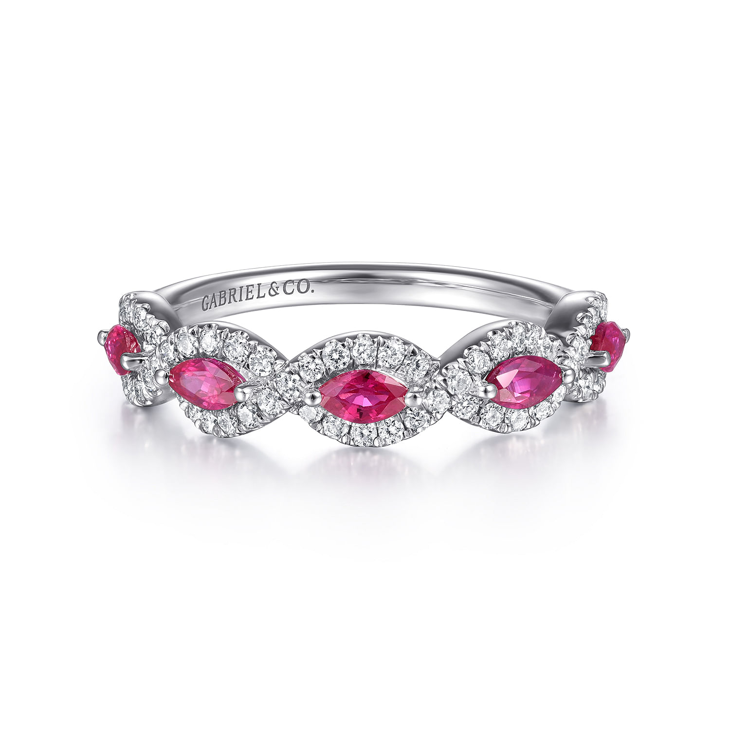 Gabriel - 14K White Gold Diamond and Marquise Ruby Twisted Ring