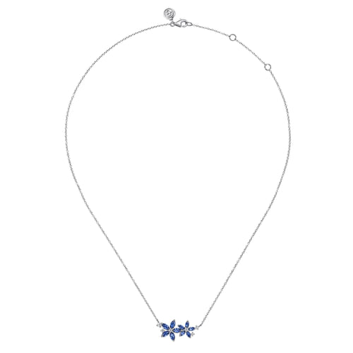 14K White Gold Diamond and Marquise Sapphire Floral Pendant Necklace