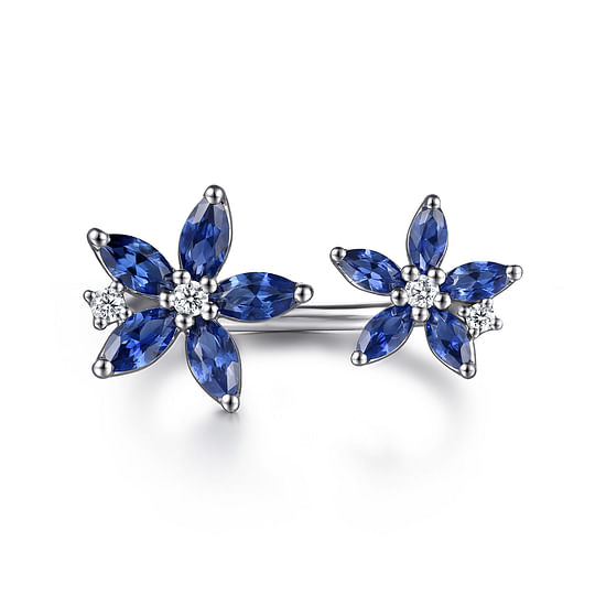 Gabriel - 14K White Gold Diamond and Marquise Sapphire Flower Open Ring