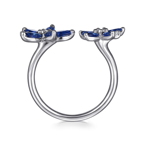 14K White Gold Diamond and Marquise Sapphire Flower Open Ring