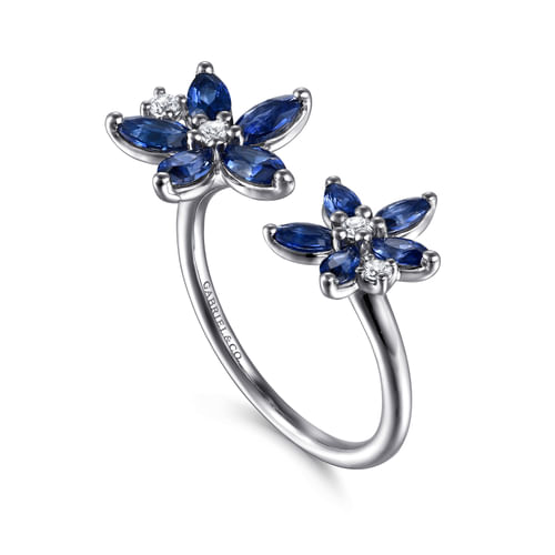 14K White Gold Diamond and Marquise Sapphire Flower Open Ring