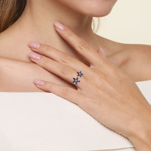 14K White Gold Diamond and Marquise Sapphire Flower Open Ring