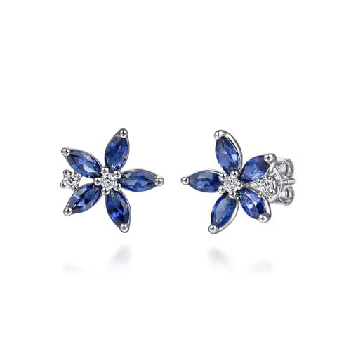 14K White Gold Diamond and Marquise Sapphire Flower Stud Earrings