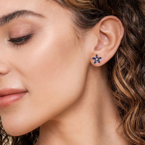 14K White Gold Diamond and Marquise Sapphire Flower Stud Earrings