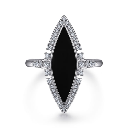 14K White Gold Diamond and Onyx Marquise Statement Ring