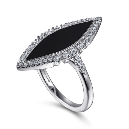 14K White Gold Diamond and Onyx Marquise Statement Ring