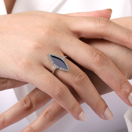 14K White Gold Diamond and Onyx Marquise Statement Ring
