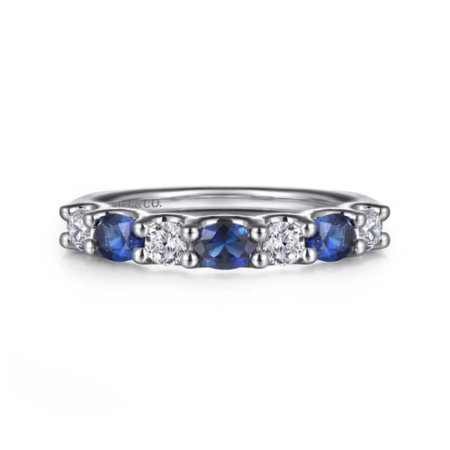 14K White Gold Diamond and Oval Sapphire Band Ring