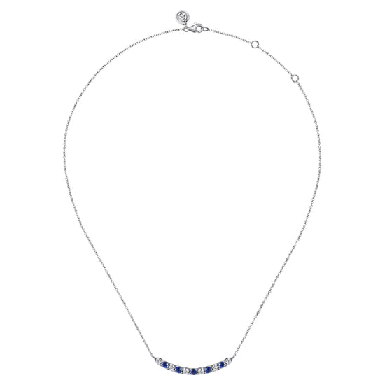 14K White Gold Diamond and Oval Sapphire Bar Necklace angle 2 14K White Gold Diamond and Oval Sapphire Bar Necklace angle 2
