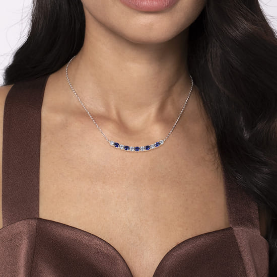 14K White Gold Diamond and Oval Sapphire Bar Necklace angle 3 14K White Gold Diamond and Oval Sapphire Bar Necklace angle 3