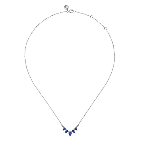 14K White Gold Diamond and Pear Blue Sapphire Chevron Bar Necklace