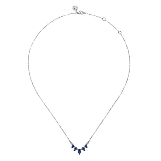 14K White Gold Diamond and Pear Blue Sapphire Chevron Bar Necklace angle 2