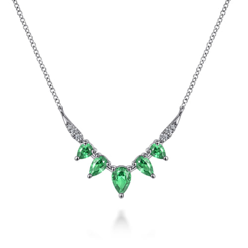 14K White Gold Diamond and Pear Emerald Chevron Bar Necklace