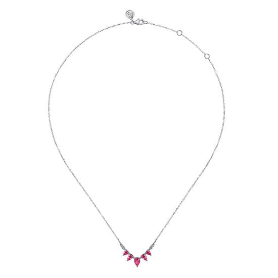 14K White Gold Diamond and Pear Ruby Chevron Bar Necklace angle 2