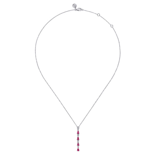14K White Gold Diamond and Pear Ruby Vertical Bar Necklace