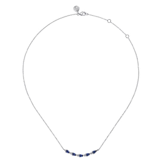 14K White Gold Diamond and Pear Sapphire Bar Necklace angle 2 14K White Gold Diamond and Pear Sapphire Bar Necklace angle 2