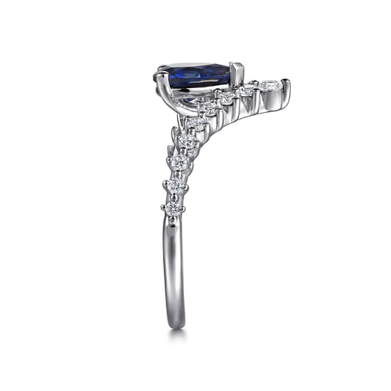 14K White Gold Diamond and Pear Sapphire Chervon Ladies Ring angle 4