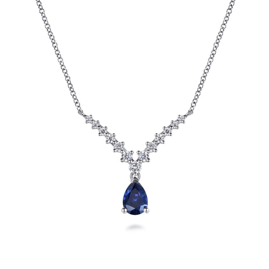 Gabriel - 14K White Gold Diamond and Pear Sapphire Chervon Necklace Gabriel - 14K White Gold Diamond and Pear Sapphire Chervon Necklace