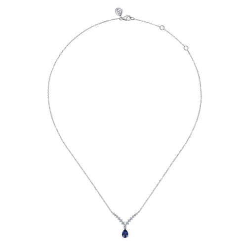 14K White Gold Diamond and Pear Sapphire Chervon Necklace