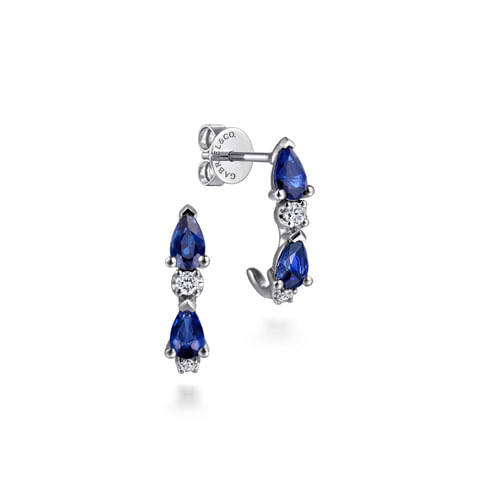 14K White Gold Diamond and Pear Sapphire J-Hoop Earrings