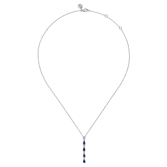 14K White Gold Diamond and Pear Sapphire Vertical Bar Necklace angle 2