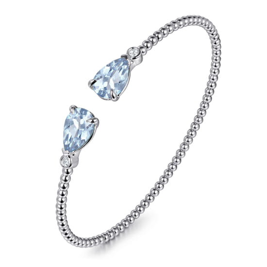 14K White Gold Diamond and Pear Shape Aquamarine Bujukan Bangle angle 2