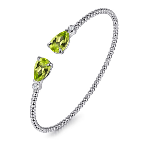 14K White Gold Diamond and Pear Shape Peridot Bujukan Bangle