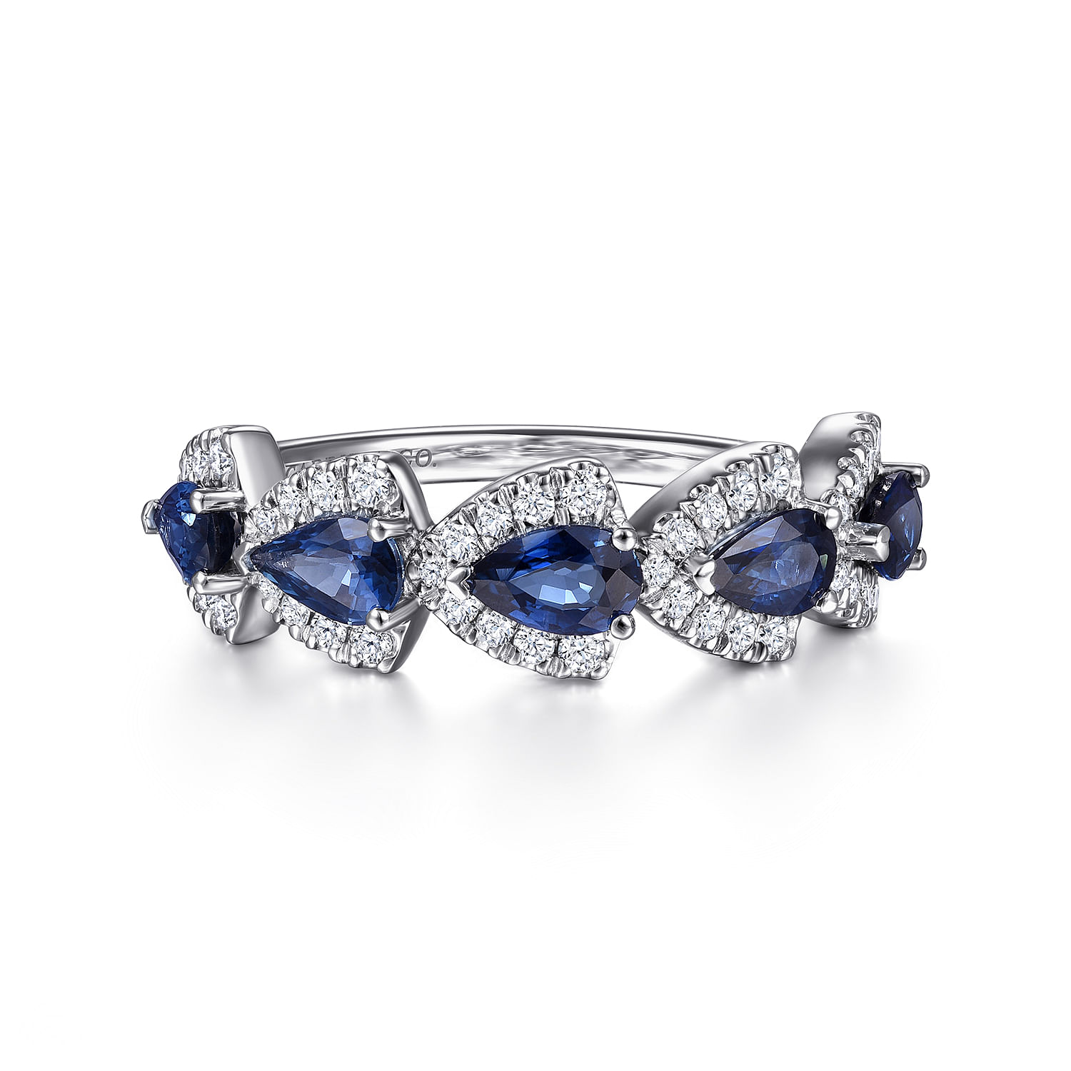 14K White Gold Diamond and Pear Shape Sapphire Station Ring
