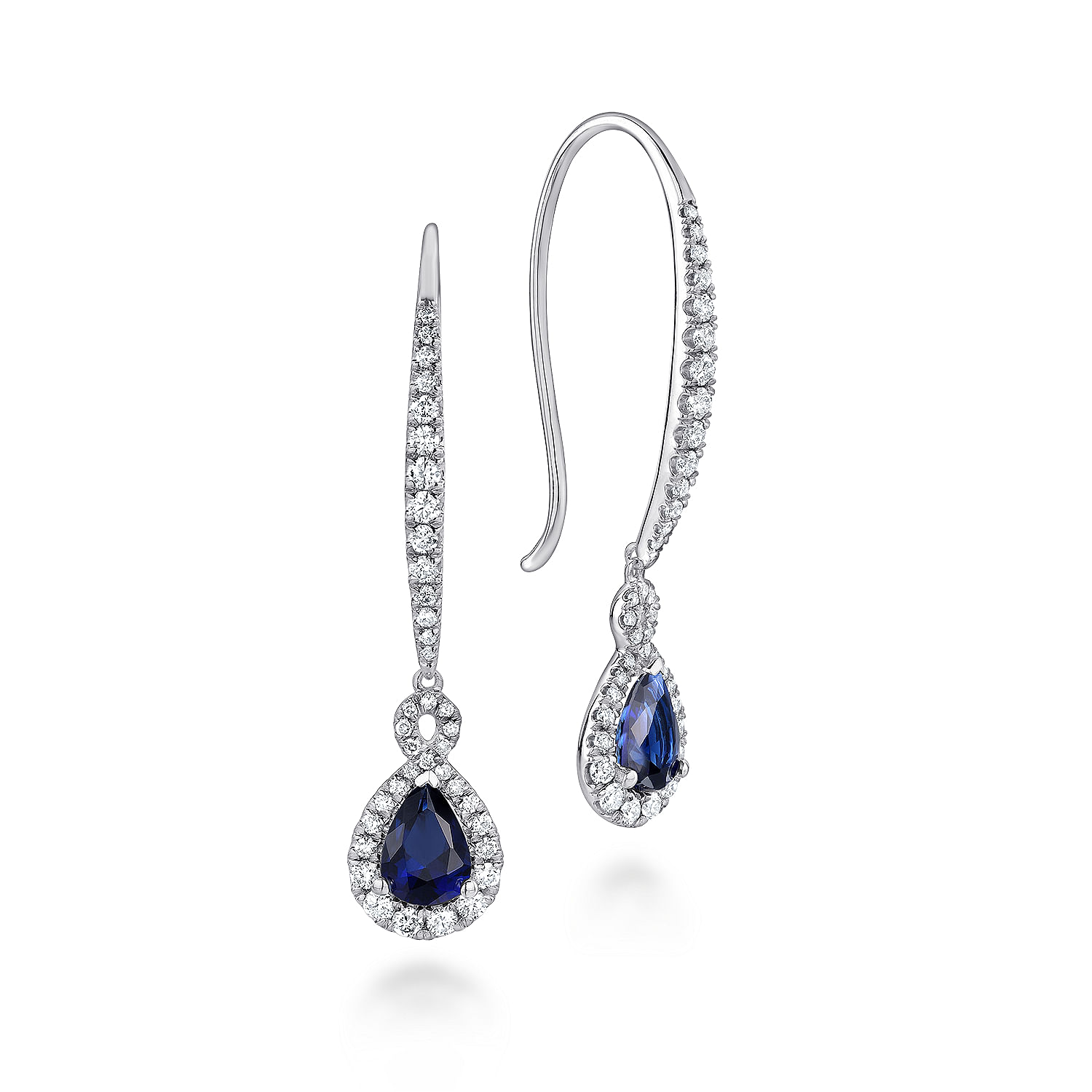 14K White Gold Diamond and Pear Shaped Sapphire Fish Wire Drop Earrings