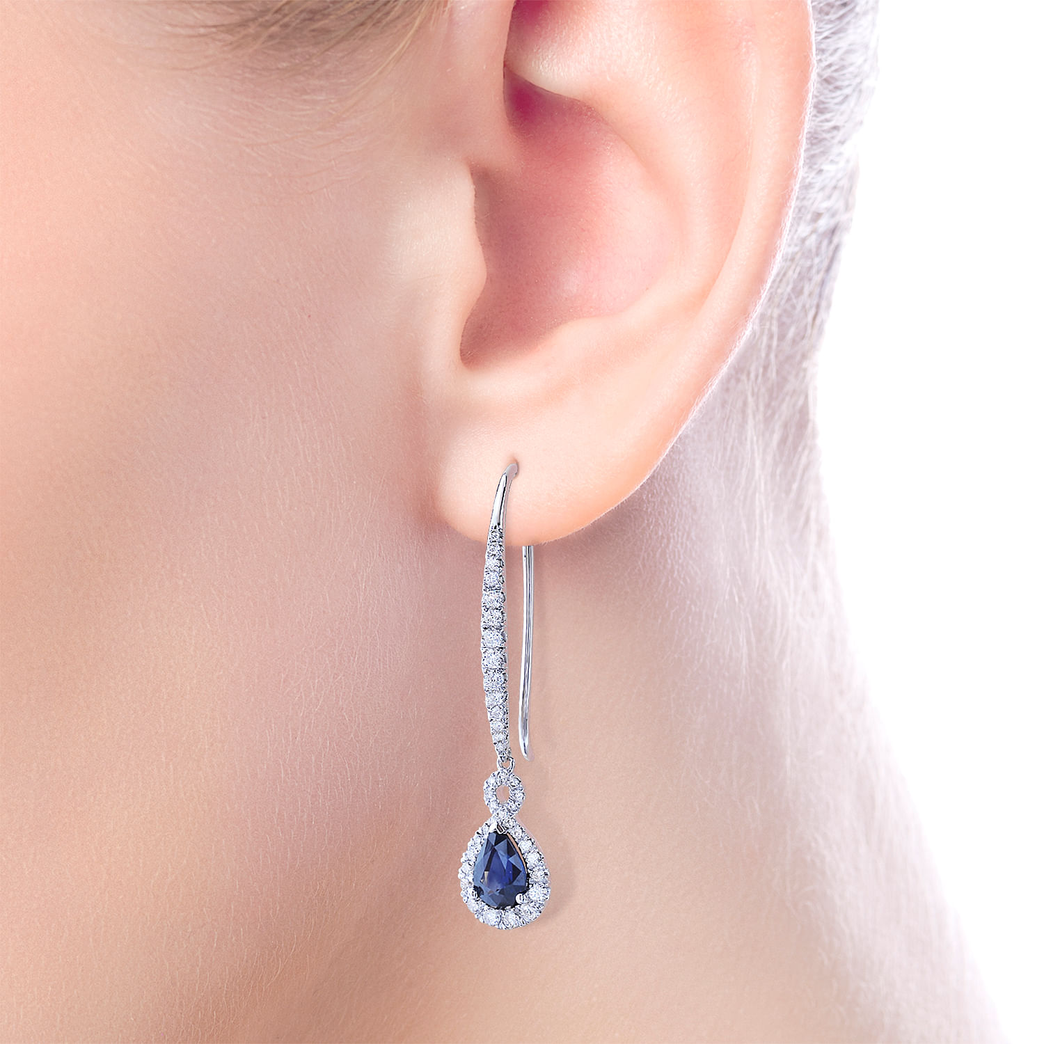 14K White Gold Diamond and Pear Shaped Sapphire Fish Wire Drop Earrings