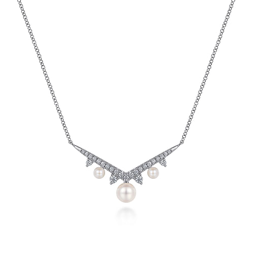 14K White Gold Diamond and Pearl Chevron Necklace