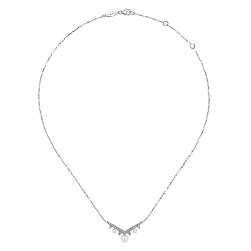 14K White Gold Diamond and Pearl Chevron Necklace