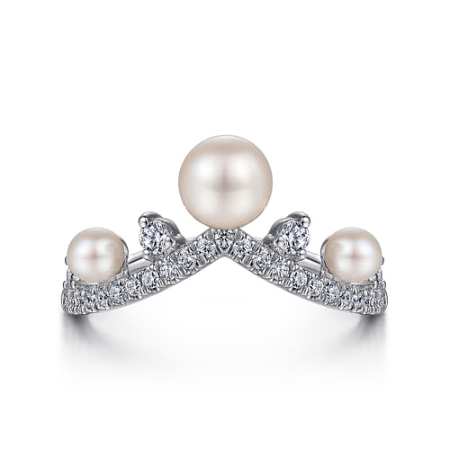 14K White Gold Diamond and Pearl Curved Ring