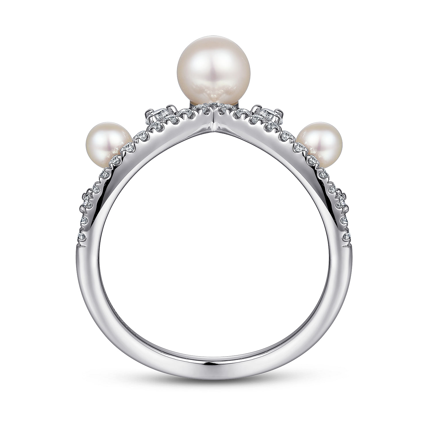 14K White Gold Diamond and Pearl Curved Ring