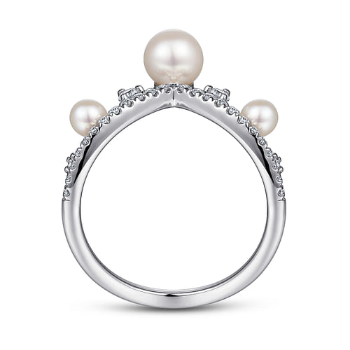 14K White Gold Diamond and Pearl Curved Ring