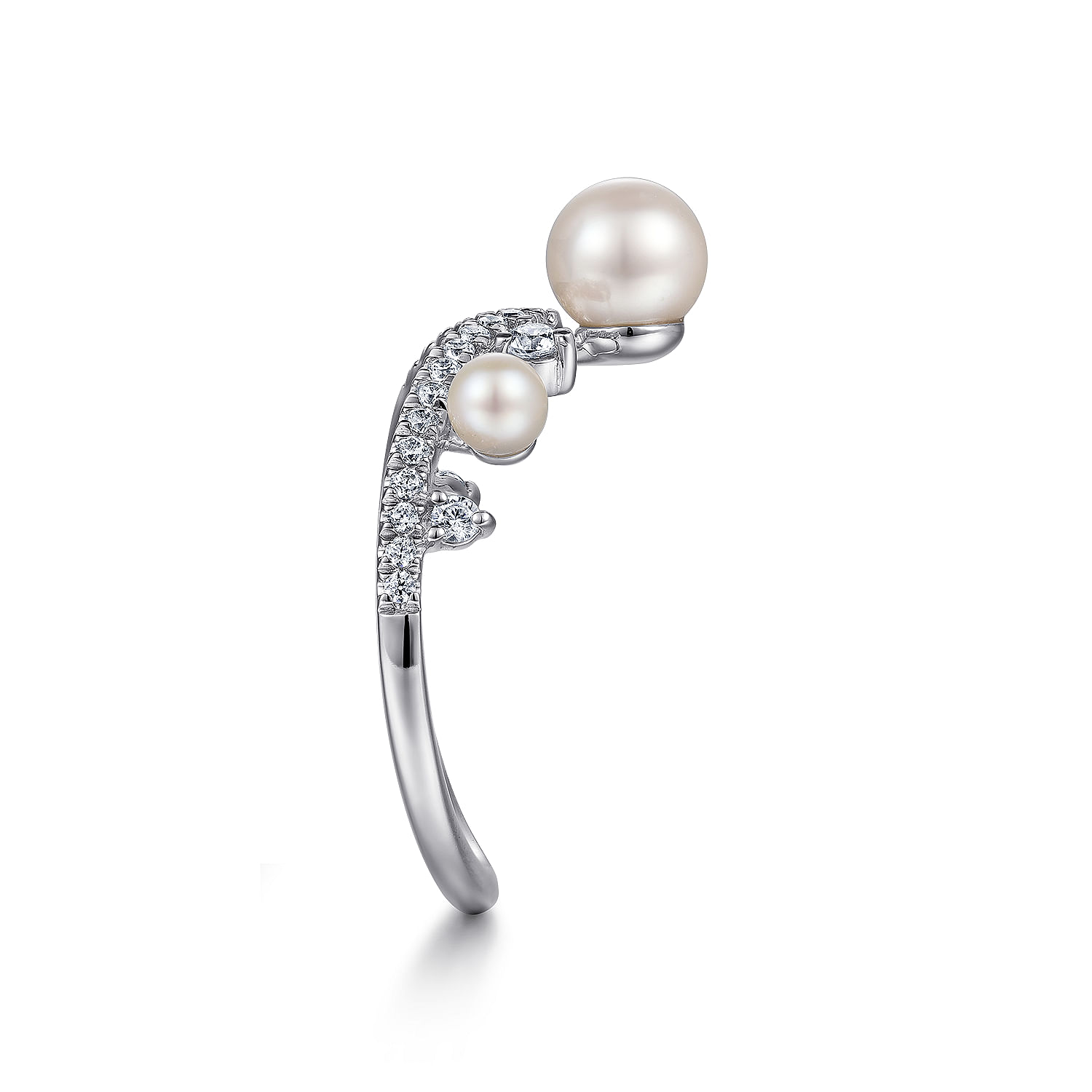 14K White Gold Diamond and Pearl Curved Ring