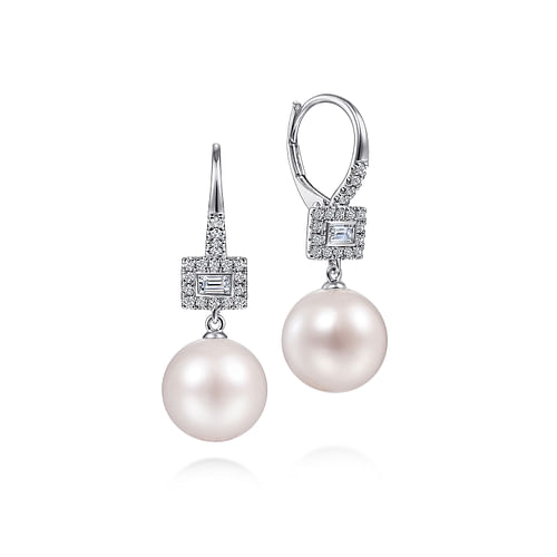 14K White Gold Diamond and Pearl Drop Earrings