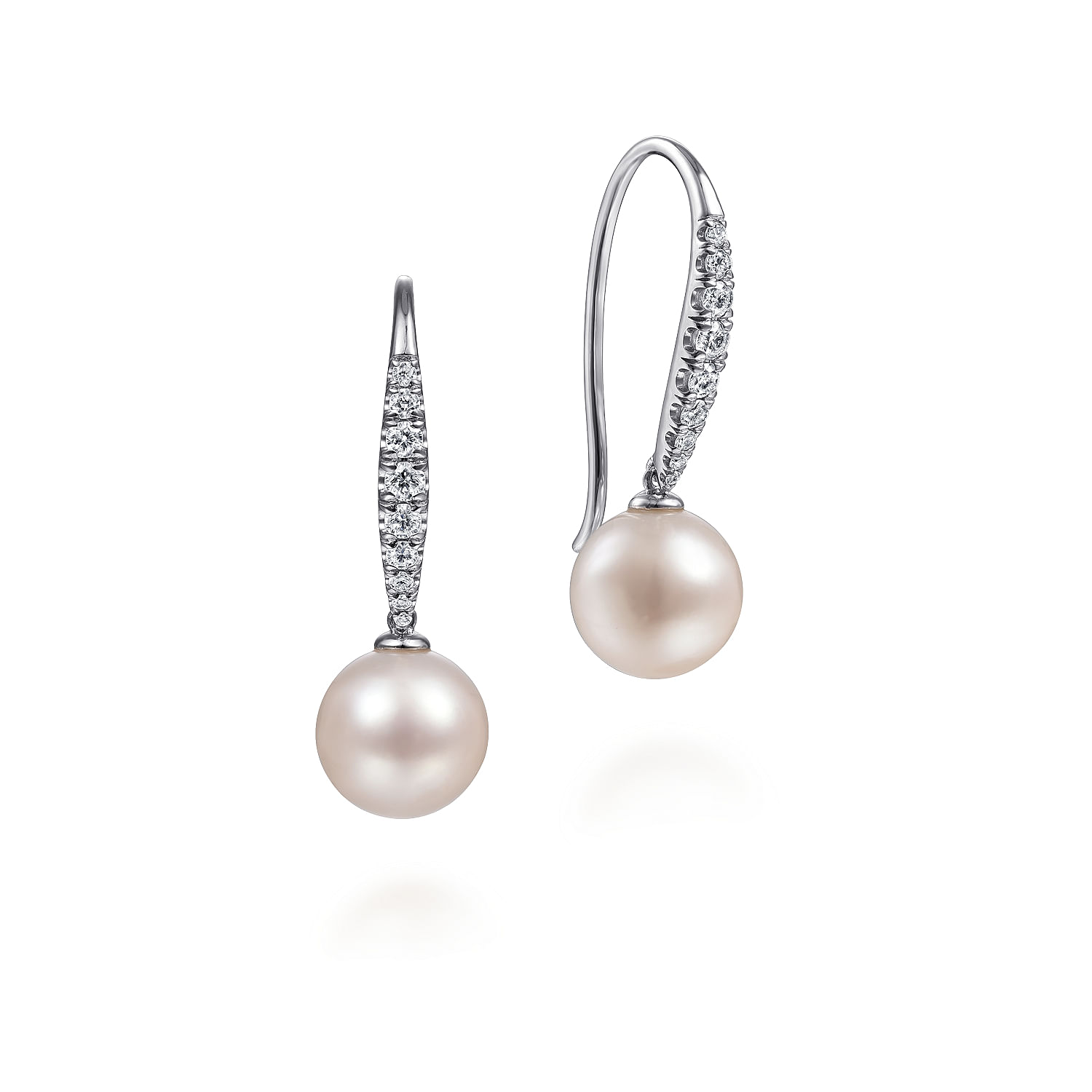 14K White Gold Diamond and Pearl Fish Wire Drop Earrings