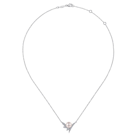 14K White Gold Diamond and Pearl Necklace angle 2