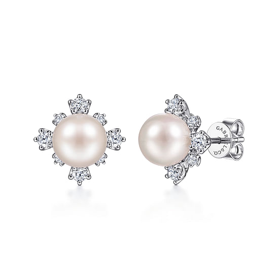 Gabriel - 14K White Gold Diamond and Pearl Stud Earrings